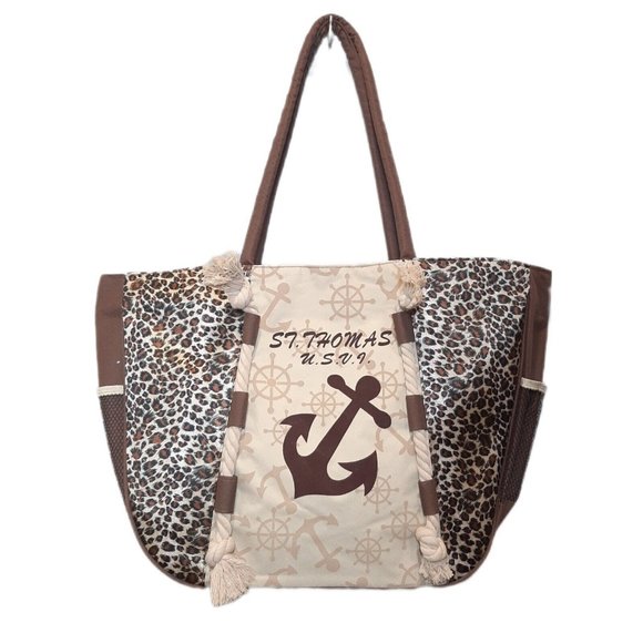 Unbranded Handbags - St Thomas USVI Large Tote Bag Nautical Anchor Rope Brown Leopard Weekend Travel
